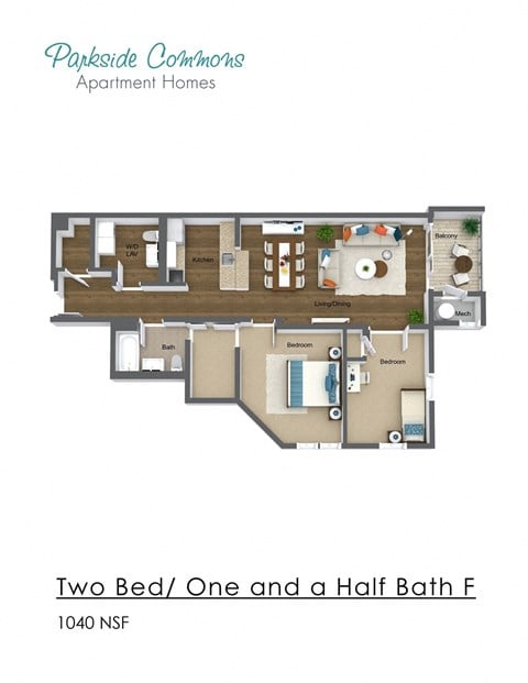 Floor plan for 2 beds, 1.5 baths, 1040 sqft